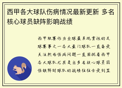 西甲各大球队伤病情况最新更新 多名核心球员缺阵影响战绩